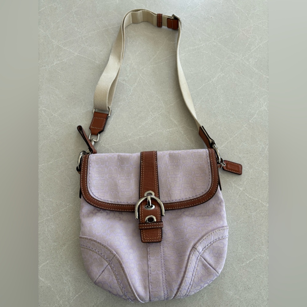 Coach Soho Lavender Fabric Flap Crossbody Bag Brown Leather Trim Y2K Vintage